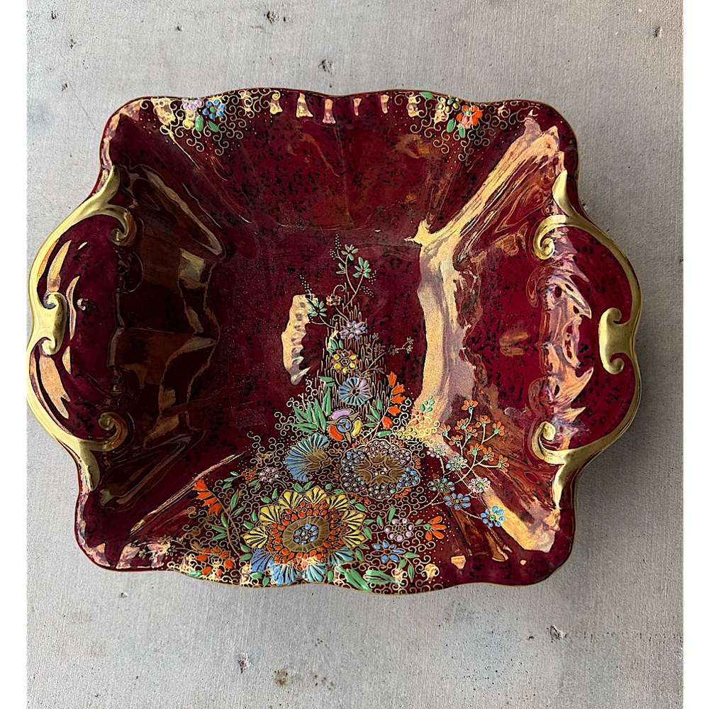 Vintage Lustrewear Burgundy & Gold Crown Devon Fieldings Bowl Numbered. England